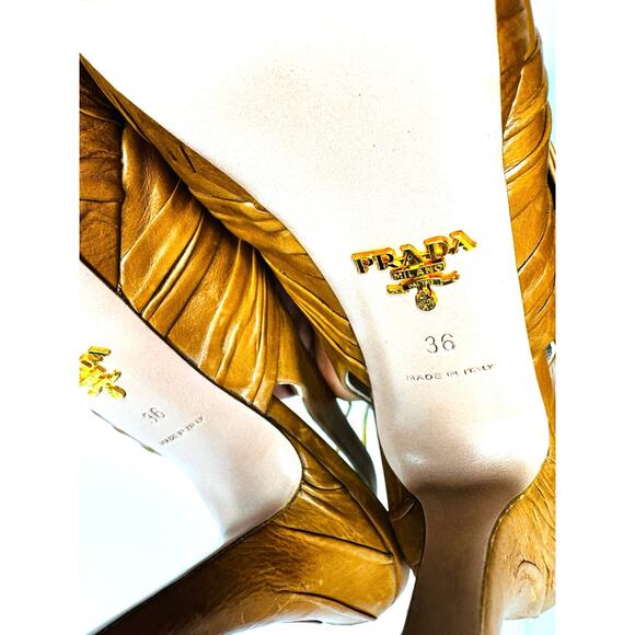 Prada Tan Leather Slingback Heels Size 36 Knotted Platform Sandals - Picture 5 of 11